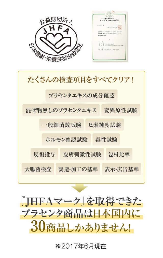 たくさんの検査項目を全てクリア！『JHFAマーク』を取得できたプラセンタ商品は日本国内に30商品しかありません！