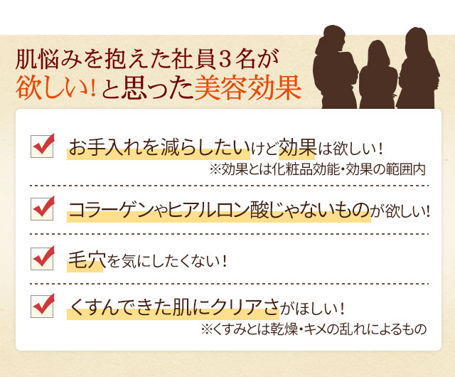 肌悩みを抱えた女性社員3名が欲しい！と思った美容効果