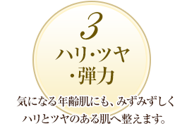 3 ハリ・ツヤ・弾力：気になる年齢肌にも、みずみずしく内側からハリとツヤのある肌へ整えます。