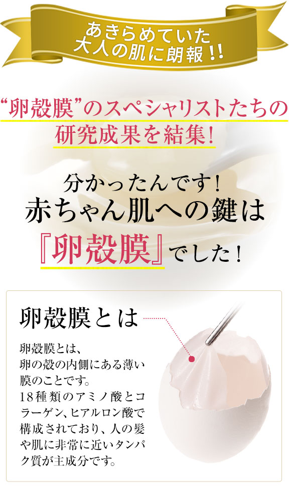 あきらめていた大人の肌に朗報“卵殻膜”のスペシャリストたちの研究成果を結集!分かったんです!赤ちゃん肌への鍵は『卵殻膜』でした!
