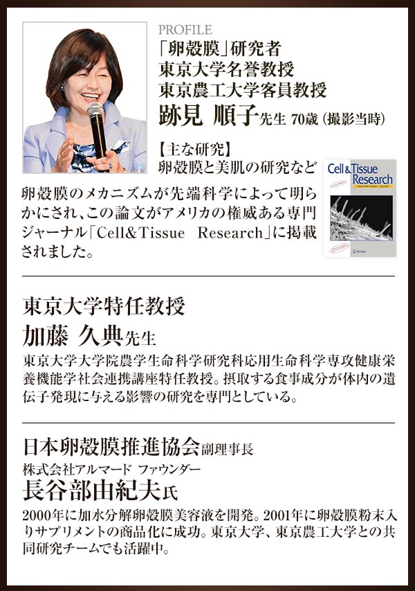 東京農工大学客員教授 東京大学名誉教 授跡見順子先生　東京大学特任教授 加藤久典先生　日本卵殻膜推進協会理事 株式会社アルマード代表取締役会長 長谷部由紀夫氏