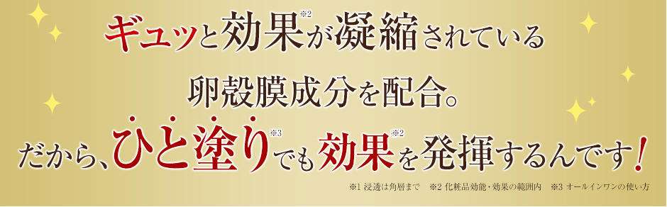ギュッと効果が凝縮されている卵殻膜を加水分解して高配合。だから、ひと塗りでも効果を発揮するんです！