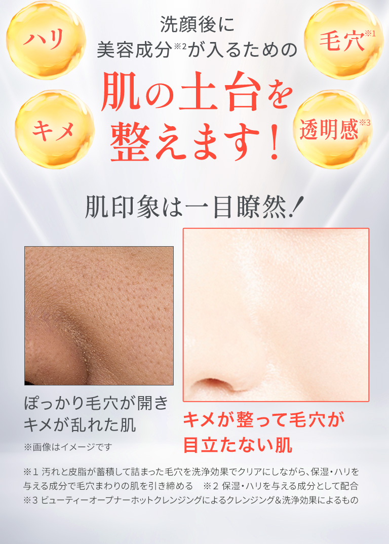 洗顔後に美容成分※2が入るための肌の土台を整えます！肌印象は一目瞭然！※１ 汚れと皮脂が蓄積して詰まった毛穴を洗浄効果でクリアにしながら、保湿・ハリを与える成分で毛穴まわりの肌を引き締める　※２ 保湿・ハリを与える成分として配合※３ ビューティーオープナーホットクレンジングによるクレンジング＆洗浄効果によるもの