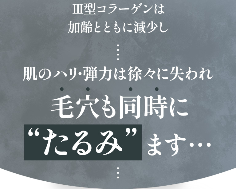 Ⅲ型コラーゲンは加齢とともに減少し、肌のハリ・弾力は徐々に失われ毛穴も同時にたるみます・・・