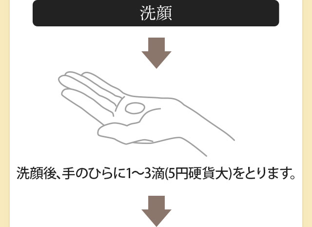 洗顔 洗顔後、手のひらに適量（1～3滴）をとります。