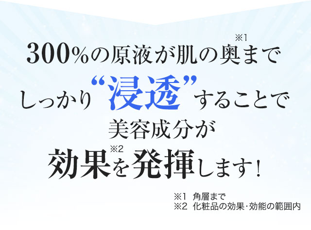 300%の原液が肌の奥までしっかり“浸透”することで美容成分が効果を発揮します！