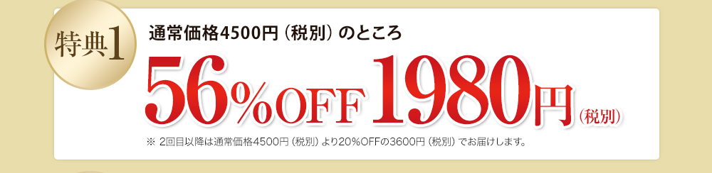 特典1 通常価格4500円(税別)のところ 56%OFF1980円(税別)