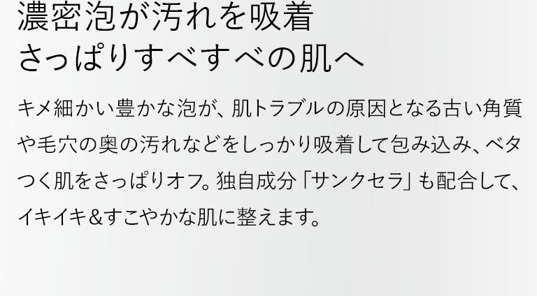 濃密泡が汚れを吸着さっぱりすべすべの肌へ