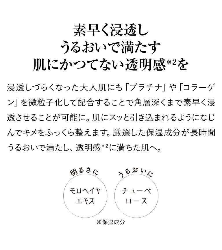 素早く浸透しうるおいで満たす肌にかつてない透明感を