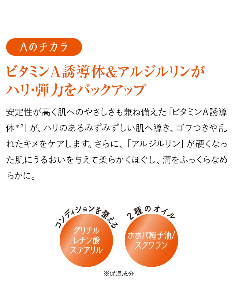 Aのチカラ　ビタミンA誘導体＆アルジルリンがハリ・弾力をバックアップ