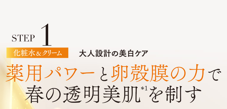 STEP1　化粧水＆クリーム　大人設計の美白ケア　薬用パワーと卵殻膜の力で春の透明美肌を制す