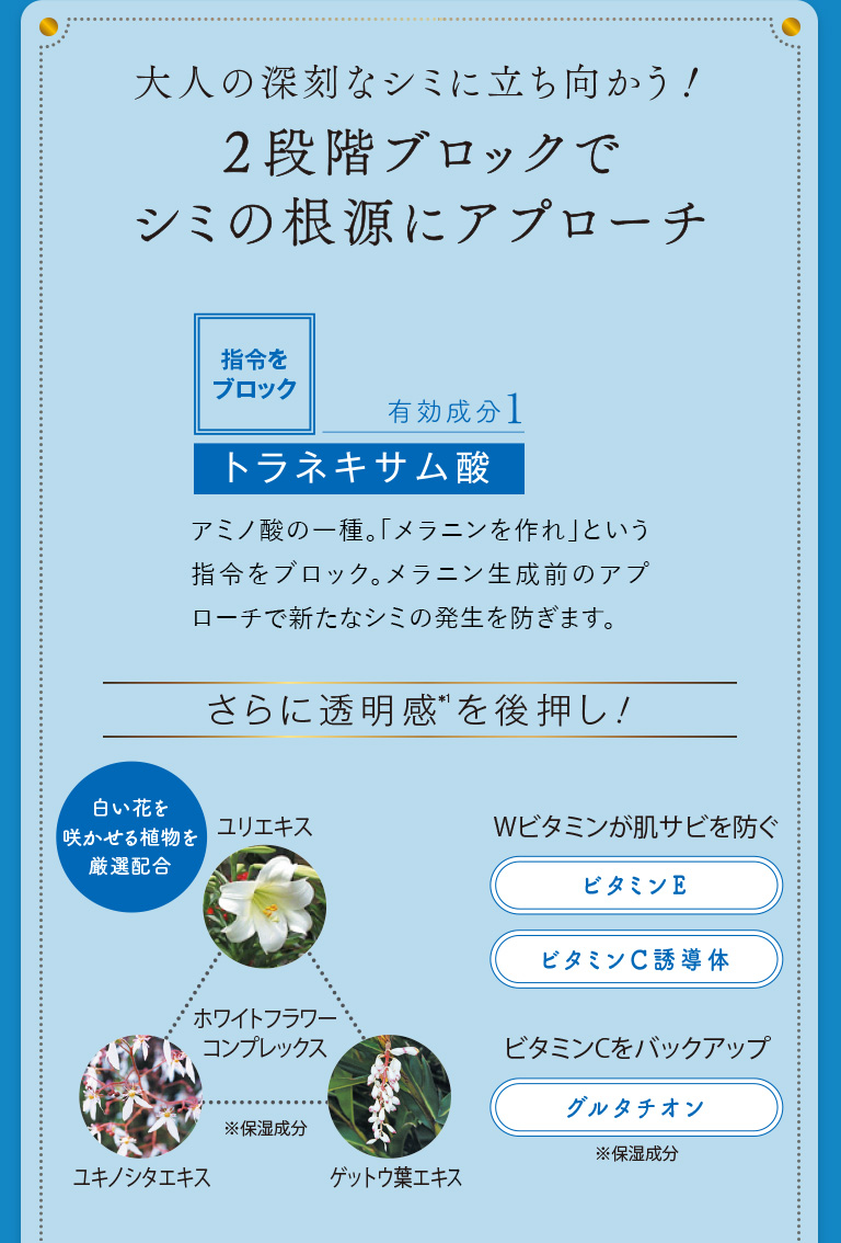 ２段階ブロックでシミの根源にアプローチ　トラネキサム酸