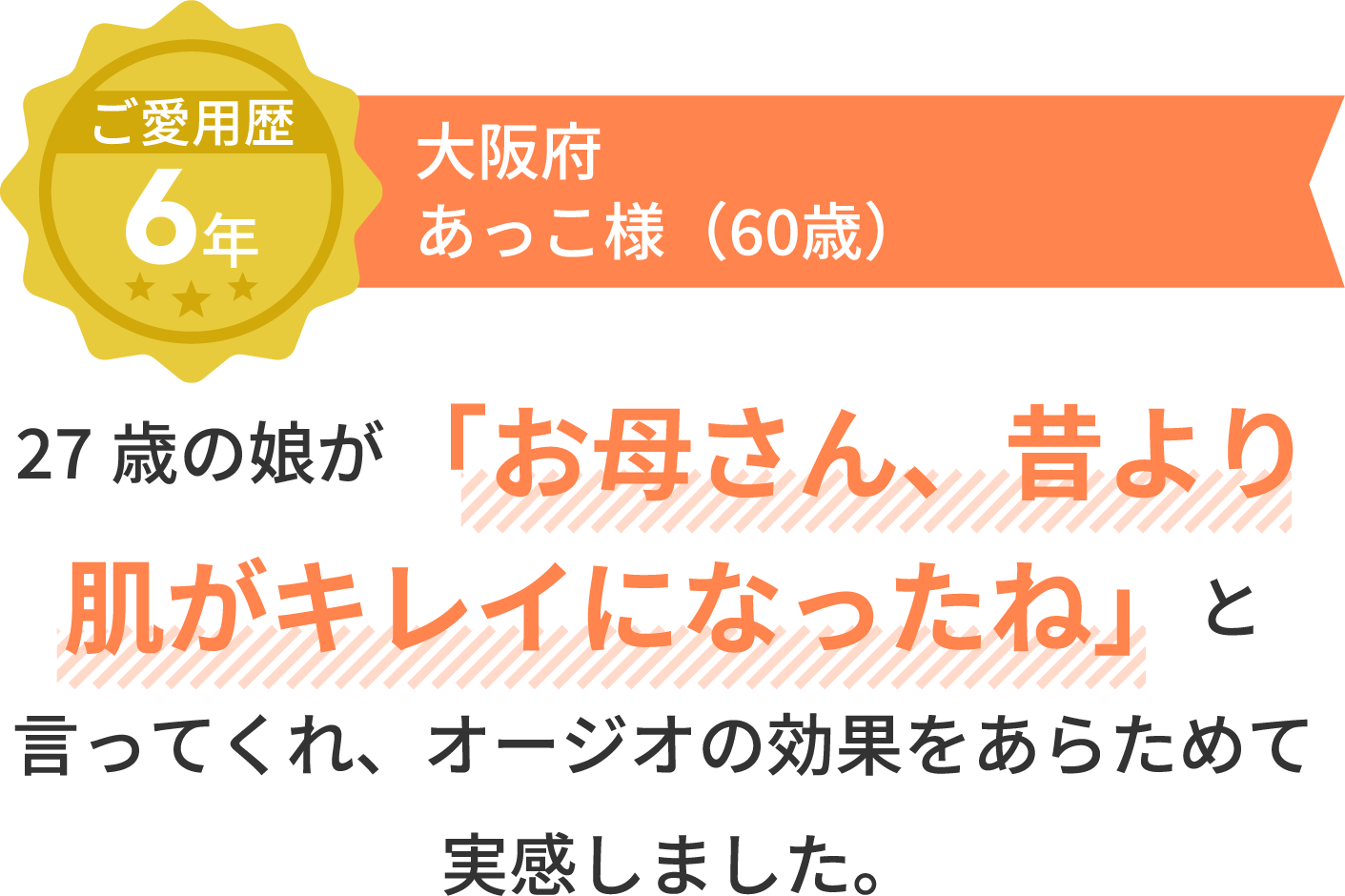 ご愛用歴6年 大阪府 あっこ様（60歳）27歳の娘が「お母さん、昔より肌がキレイになったね」と言ってくれ、オージオの効果をあらためて実感しました。