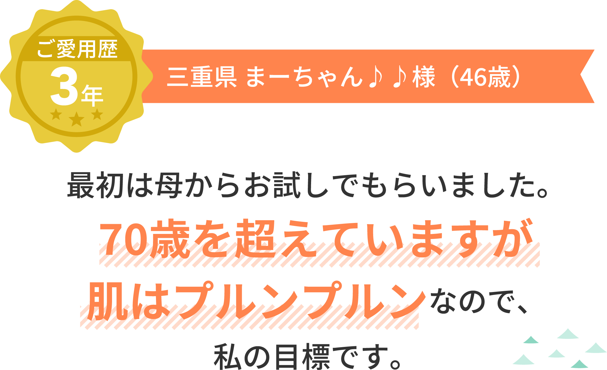 ご愛用歴3年 三重県 まーちゃん♪♪様（46歳）最初は母からお試しでもらいました。70歳を超えていますが肌はプルンプルンなので、私の目標です。