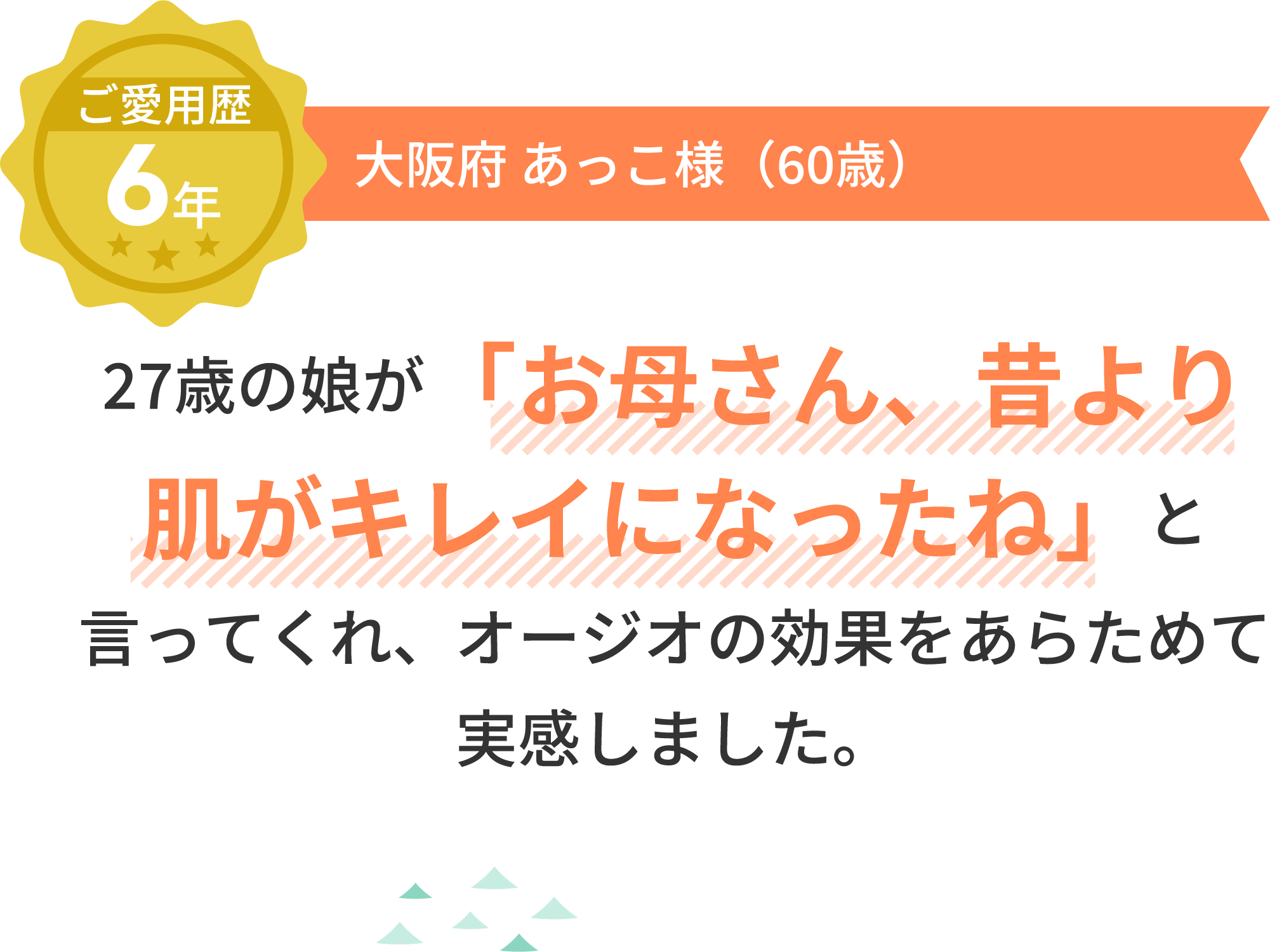 ご愛用歴6年 大阪府 あっこ様（60歳）27歳の娘が「お母さん、昔より肌がキレイになったね」と言ってくれ、オージオの効果をあらためて実感しました。