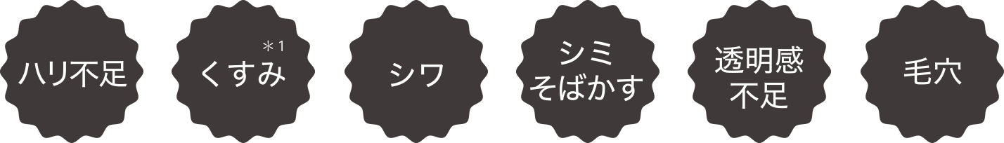 ハリ不足 くすみ シワ シミそばかす 透明感不足 毛穴