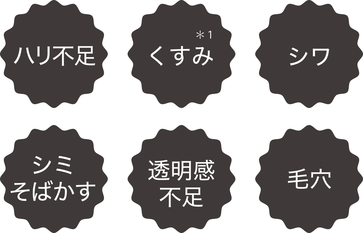 ハリ不足 くすみ シワ シミそばかす 透明感不足 毛穴